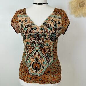Nicole Miller Boho Y2K Mesh Babydoll Top Size L Southwestern Hippie Grunge